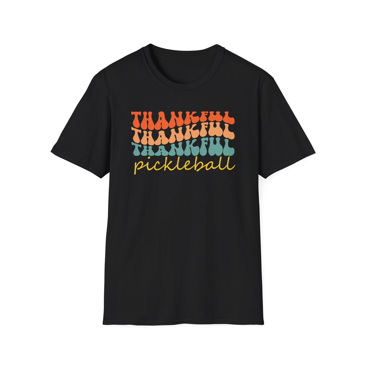 Thankful Colorful Pickleball Player Unisex Softstyle T-Shirt, Thanksgiving Tee, Gift for Pickleball Player, Funny Thanksgiving