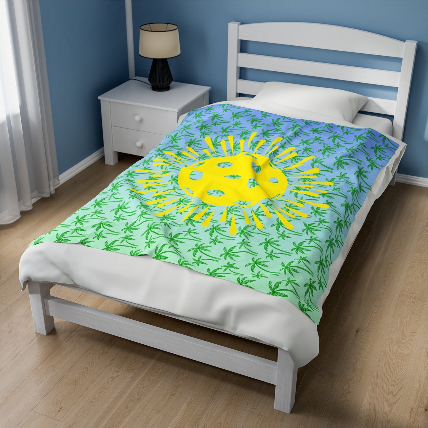 Plush Blanket - Pickleball Design, Small to Extra Large sizes - Gift for Home | palm tree yellow sunburst pickleball style