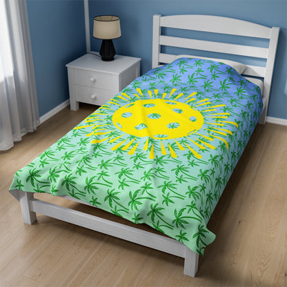 Plush Blanket - Pickleball Design, Small to Extra Large sizes - Gift for Home | palm tree yellow sunburst pickleball style