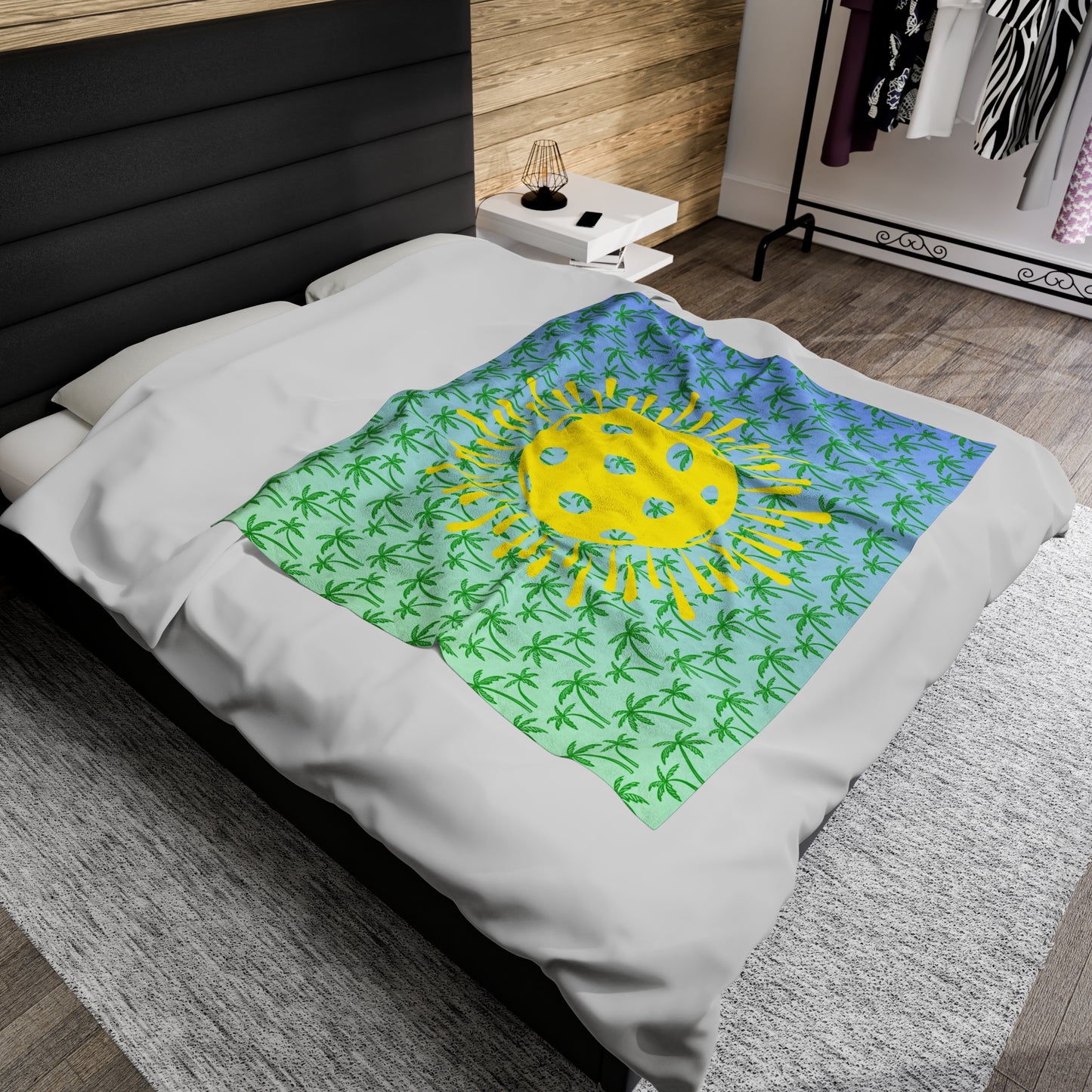 Plush Blanket - Pickleball Design, Small to Extra Large sizes - Gift for Home | palm tree yellow sunburst pickleball style