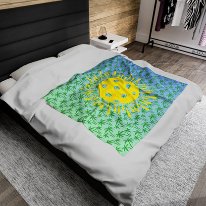 Plush Blanket - Pickleball Design, Small to Extra Large sizes - Gift for Home | palm tree yellow sunburst pickleball style