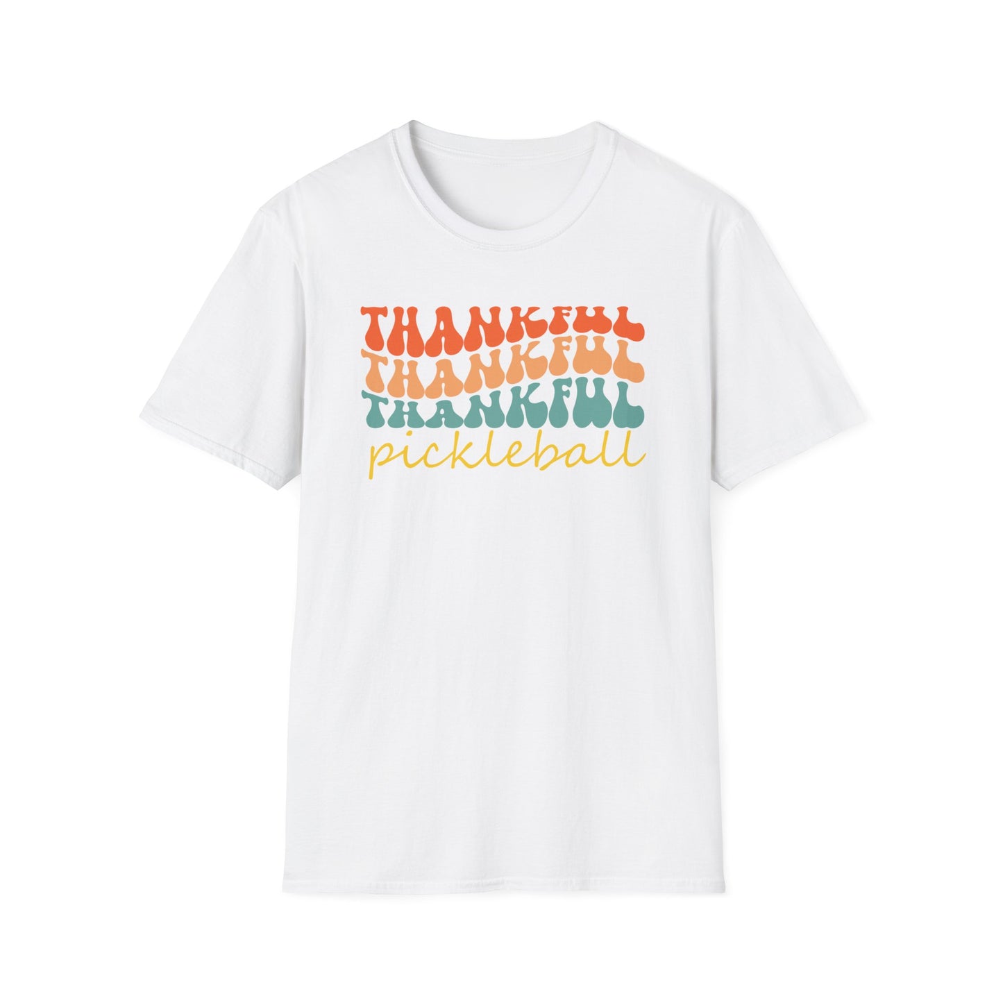 Thankful Colorful Pickleball Player Unisex Softstyle T-Shirt, Thanksgiving Tee, Gift for Pickleball Player, Funny Thanksgiving