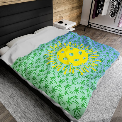 Plush Blanket - Pickleball Design, Small to Extra Large sizes - Gift for Home | palm tree yellow sunburst pickleball style