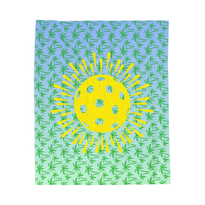 Plush Blanket - Pickleball Design, Small to Extra Large sizes - Gift for Home | palm tree yellow sunburst pickleball style
