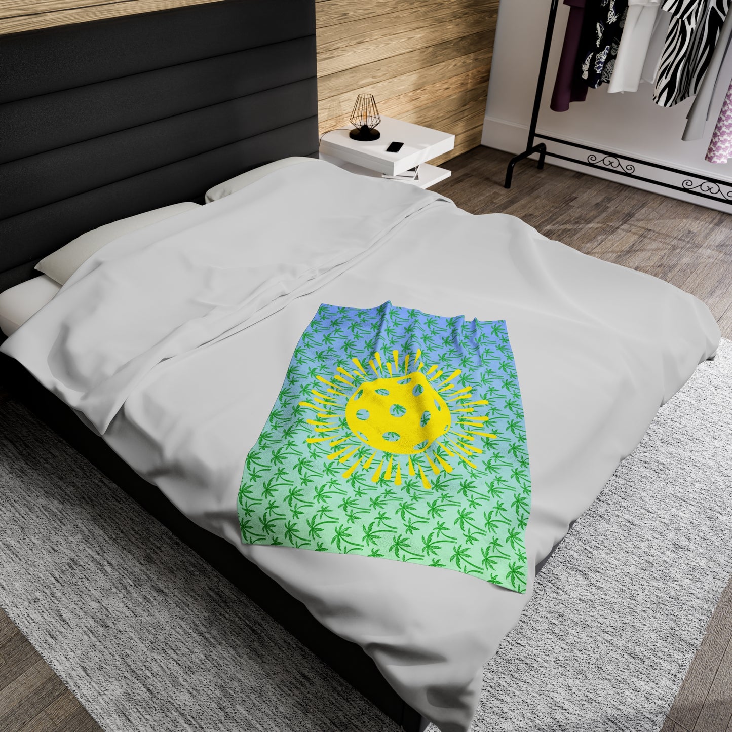 Plush Blanket - Pickleball Design, Small to Extra Large sizes - Gift for Home | palm tree yellow sunburst pickleball style